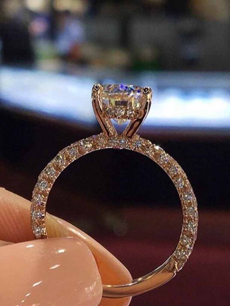 Diamond Halo Engagement Ring In Rose Gold - Sparkling Pav Band